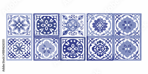 A collection of nine blue and white patterned ceramic tiles arranged in a grid