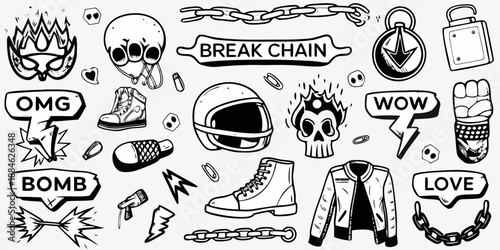 A collection of punk and edgy doodle style illustrations in black and white