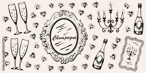 Champagne celebration illustration with glasses bottles hearts and ornate frames