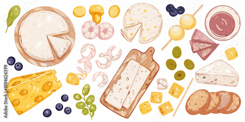 A colorful arrangement of cheeses seafood fruits and crackers on a white background