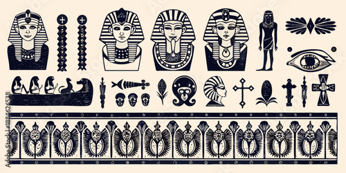 Ancient egyptian motifs and symbols pharaoh masks hieroglyphs and decorative elements