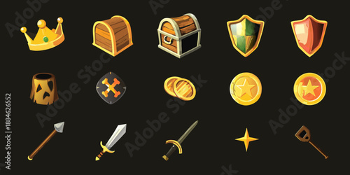 A collection of fantasy role playing game items crowns chests shields and weapons