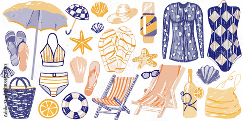 Colorful summer vacation items beach essentials swimwear and accessories illustrated