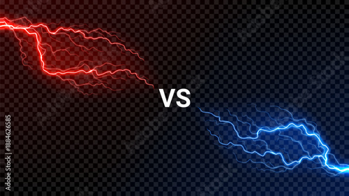 Versus background with thunderstorm effect. VS screen with powerful lightning colored blue and red. Bolt energy collision isolated on dark checkered background. Lightning shock versus concept.