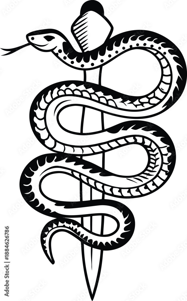 Obraz premium Serpent on Dagger: An elegantly illustrated serpent entwined around a blade, a timeless emblem evoking themes of medicine and healing.