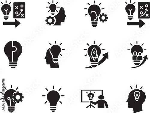   Creative idea flat icon set with innovation, brainstorming, business solution and collaboration symbols.