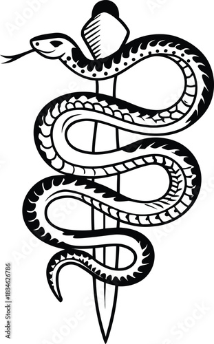 Serpent on Dagger: An elegantly illustrated serpent entwined around a blade, a timeless emblem evoking themes of medicine and healing.