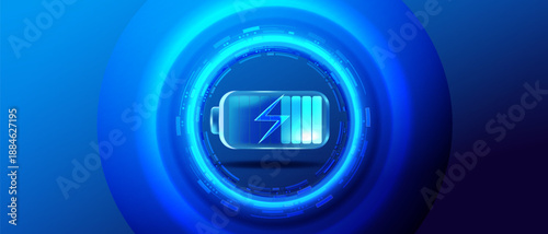 Battery charge icon. Electric discharge lightning in round neon design. Power battery of futuristic energy storage. Accumulator high voltage concept vector. Technology battery charge.