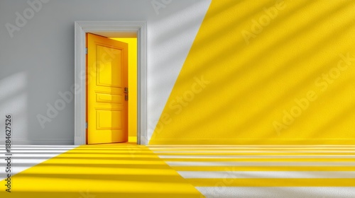 Minimalistic yellow door opening inward with striped shadows on textured white and yellow wall, ideal for modern design, architecture, and creative marketing concepts