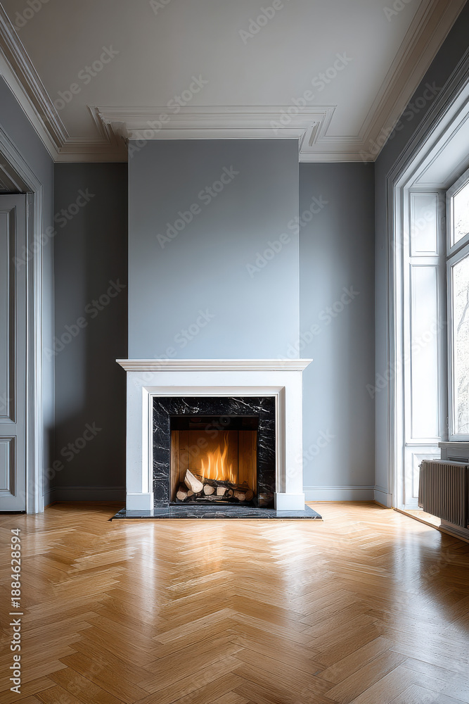 Obraz premium Elegant fireplace with white mantel, black marble surround, light blue wall, wood floor, cozy atmosphere, natural light, modern classic style