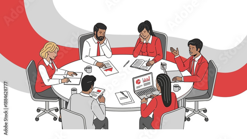 Diverse business team collaborating around a round conference table, discussing strategy.