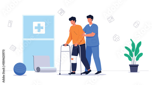 Physical therapist assists a man with a knee injury to walk using a walker, symbolizing rehabilitation, support, and medical recovery.