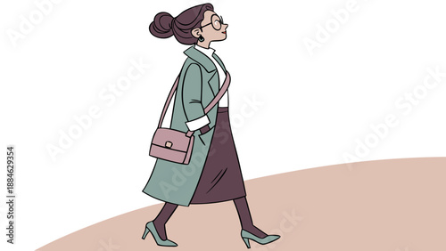 Female cartoon model wearing an oversized blazer and sophisticated skirt, high heels, crossbody bag, clear sunglasses, and her hair styled in a high ponytail.
