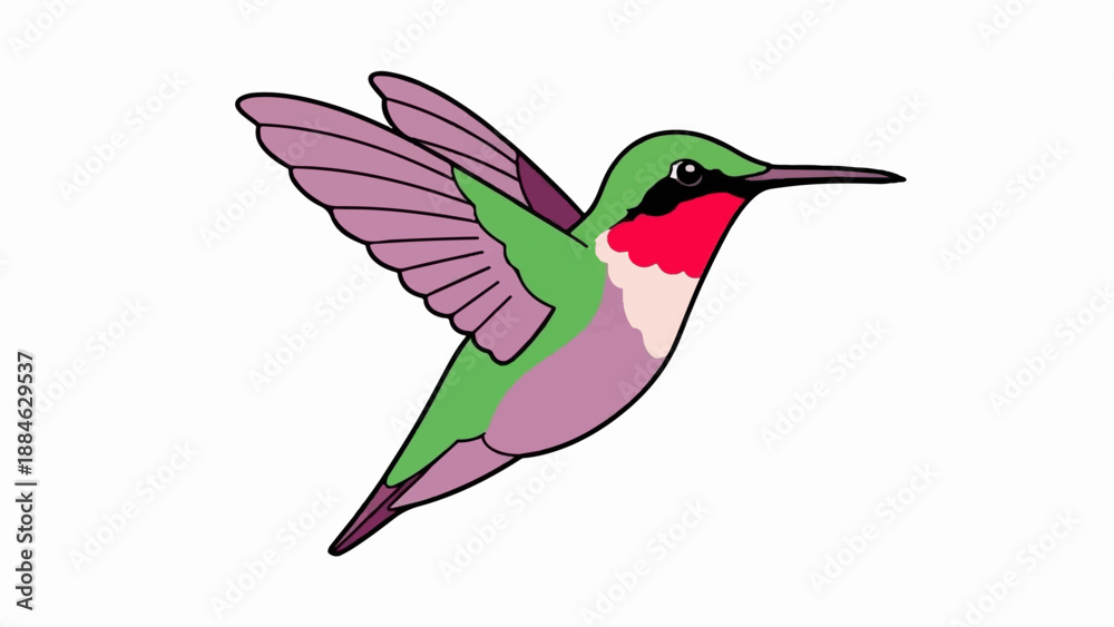 Fototapeta premium A cartoon hummingbird with green, pink, and red plumage is in flight