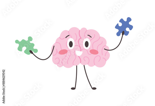 Happily smiling brain character with pieces of a puzzle. Funny emotional mascot. Vector illustration isolated
