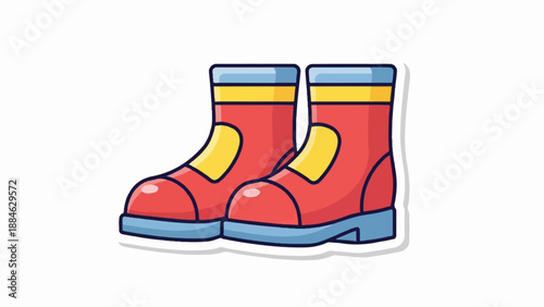 A cartoon illustration of a pair of red rubber boots with yellow and blue accents