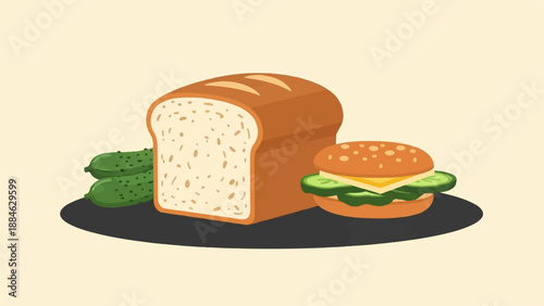 A cartoon loaf of bread, pickles, and a hamburger sit on a dark surface