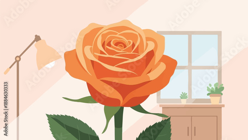 A close-up of an orange rose with a lamp and window in the background