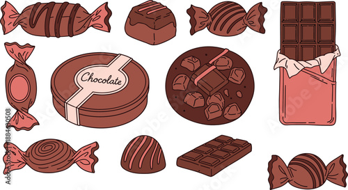 Assorted chocolate candies and bars vector illustration, sweet confectionery collection, handmade dessert treats for packaging and branding design