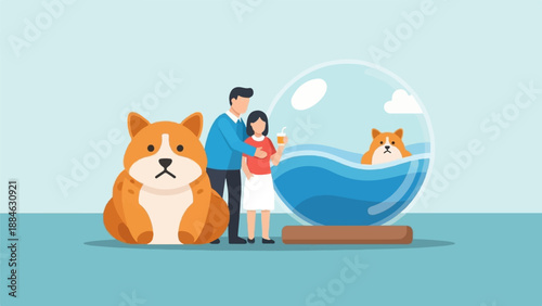 A couple embraces next to a giant dog and a glass dome with a dog in water