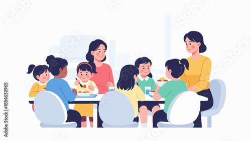 A diverse group of children and adults share a meal together at a table
