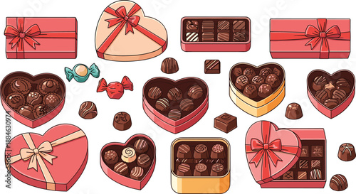 Valentine chocolate gift boxes and heart shaped assorted candies vector illustration, romantic confectionery packaging collection for holiday celebration design