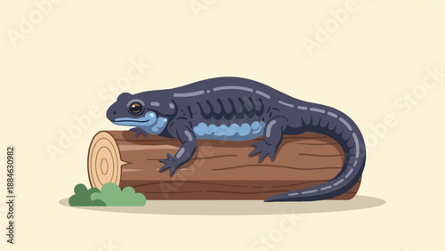 A dark blue salamander with light blue markings rests on a log