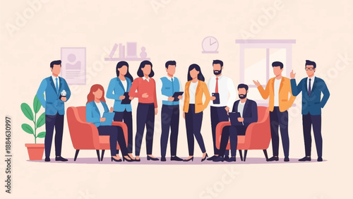 A diverse group of people in professional attire gathered in a modern office setting