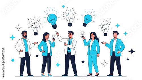 Diverse Team Brainstorming Ideas with Lightbulbs, Innovation and Creativity Concept