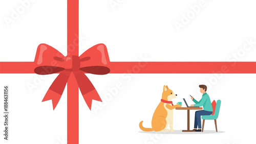 A dog and person share a moment with a laptop and a gift ribbon