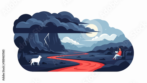 A lone dog and a reader observe a storm over a red river valley