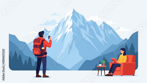 A hiker photographs a snowy mountain while another relaxes indoors