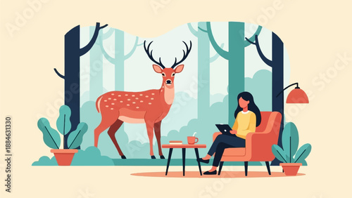 A deer stands in a forest as a woman reads a tablet from her armchair