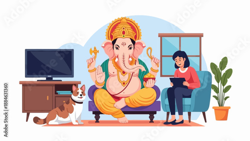 A Hindu deity, a woman, and a dog in a cozy room with a TV