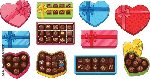 Colorful Valentine chocolate gift boxes and heart shaped assorted candies vector illustration, festive confectionery packaging collection for romantic holiday designs