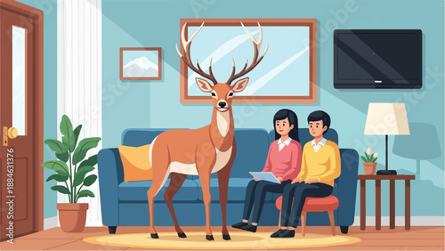 A deer stands in a living room with a couple on the sofa