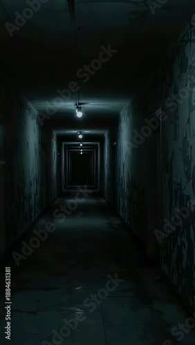 Wallpaper Mural Vertical video: Glowing bulb pulling eye down long hall toward dark doorway, showing peeling walls Torontodigital.ca