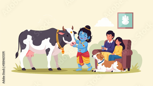 A Hindu deity interacts with a cow, while a family observes nearby