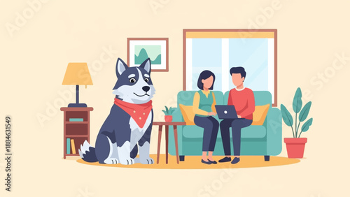 A husky sits on the floor while a couple uses laptops on the couch