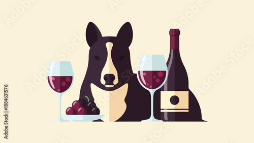 A dog sits with wine, grapes, and two glasses of red wine