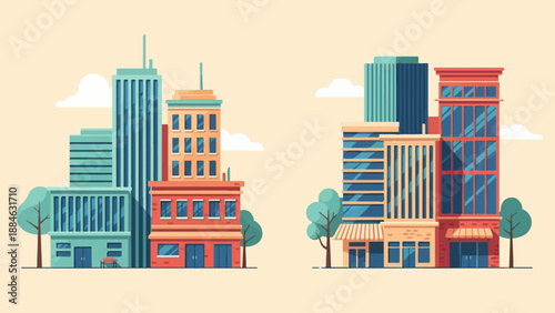 A flat illustration of two city blocks with varying building heights