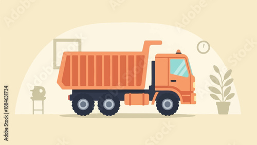 A flat, orange dump truck is parked indoors next to a plant