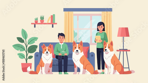 A flat-style illustration of a family with three corgi dogs in a living room
