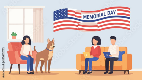 A domestic scene with a dog, people, and American flag decoration for Memorial Day