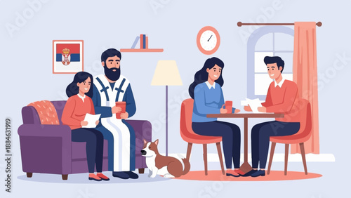 A family and a religious figure gathered in a living room with a dog