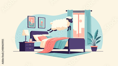 A fluffy sheep leaps joyfully over a bed in a pastel-colored bedroom
