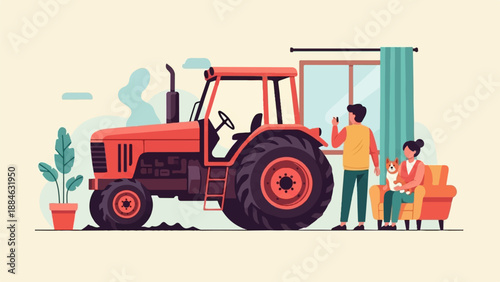 A family and their dog relax indoors next to a large farm tractor