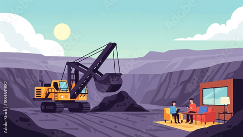 A large excavator operates in a quarry next to a cozy interior setup