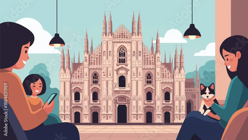 A family and their pet enjoy a view of a grand cathedral in the city