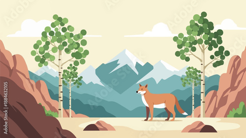 A fox stands in a landscape with trees, mountains, and rock formations